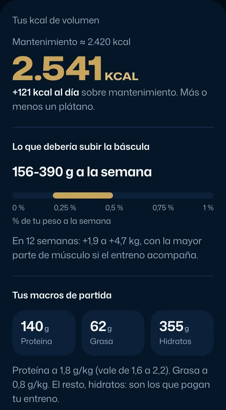 Captura de la calculadora: 2.541 kcal de volumen, 156-390 g a la semana y macros de 140 g de proteína, 62 g de grasa y 355 g de hidratos