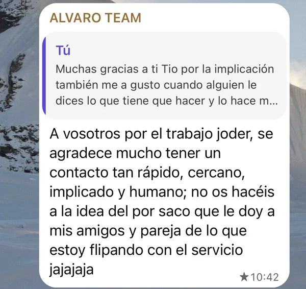 Mensaje de Álvaro: se agradece mucho tener un contacto tan rápido, cercano, implicado y humano